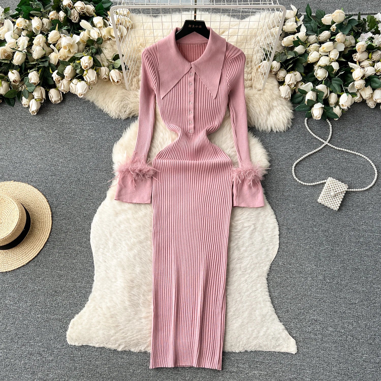 Fur Long Sleeve Knitted Dress