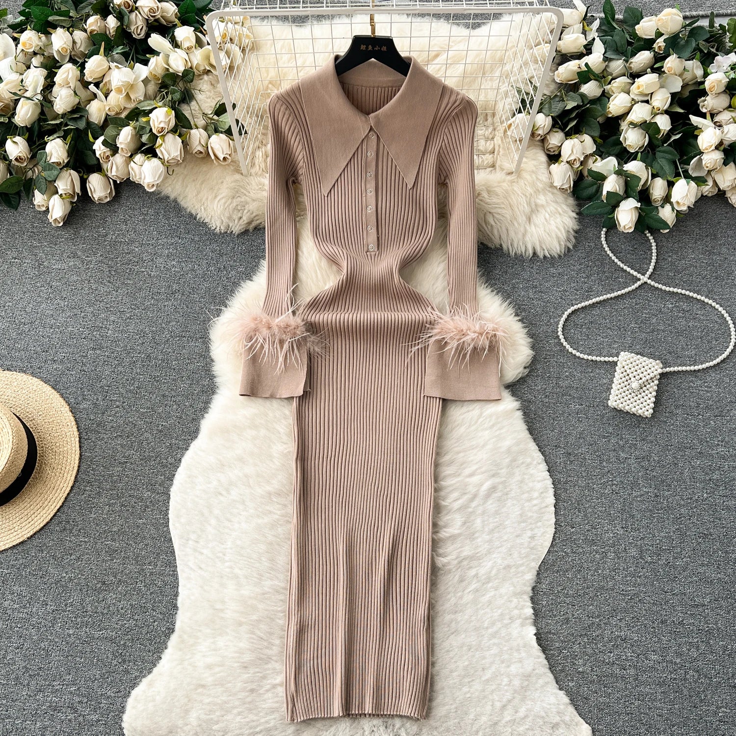 Fur Long Sleeve Knitted Dress