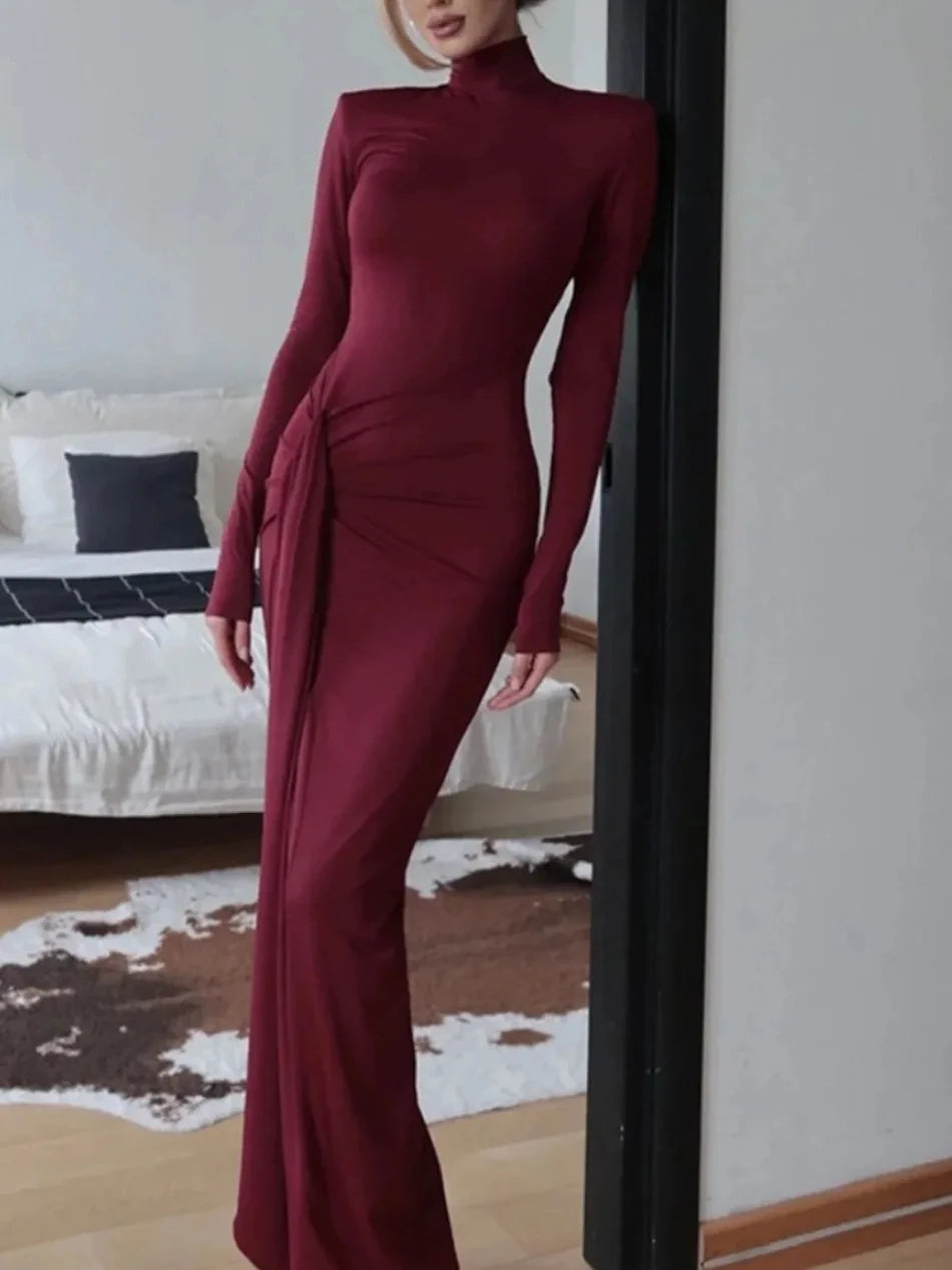 High-neck Long-sleeve Solid Color Dress