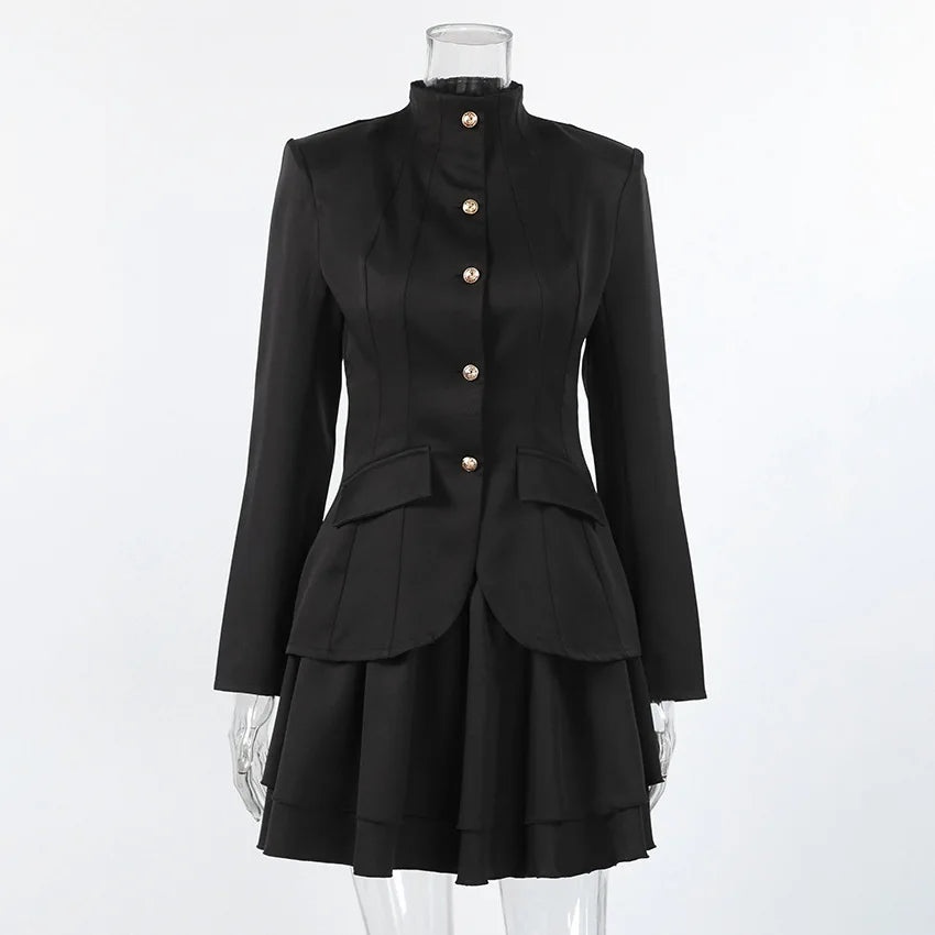 2 Piece Black Blazer + Cardigan Ruffle Skirt