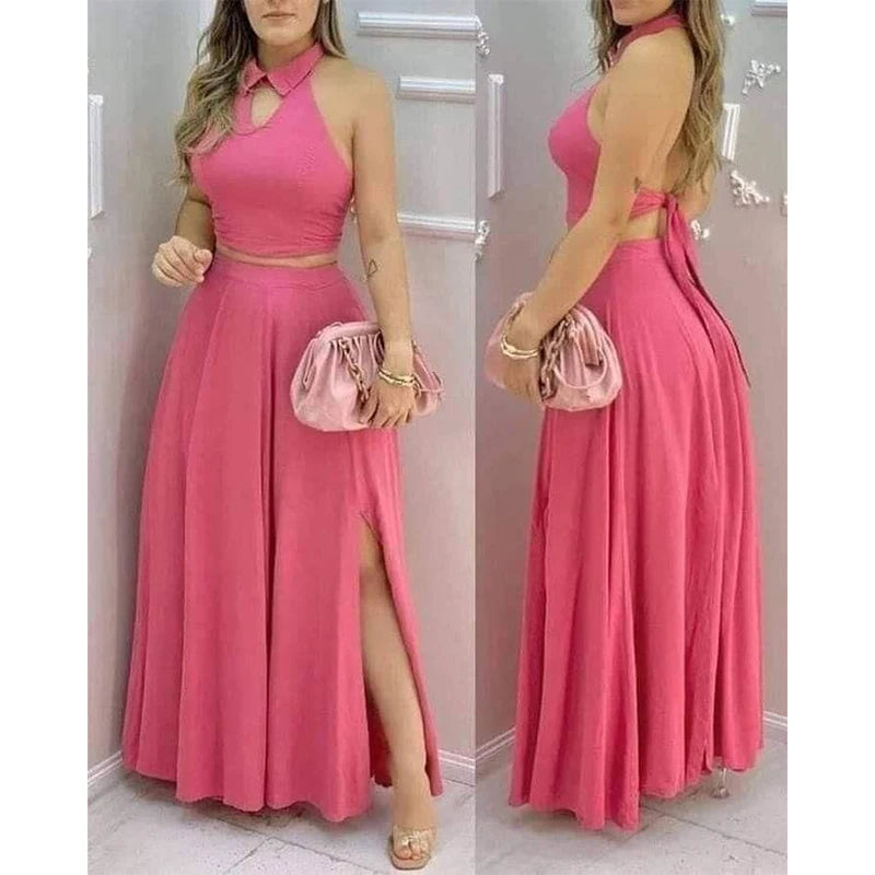 Pink Two Piece Set Halter Collar Crop Top Maxi Skirt