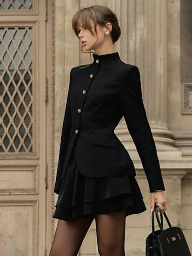 2 Piece Black Blazer + Cardigan Ruffle Skirt