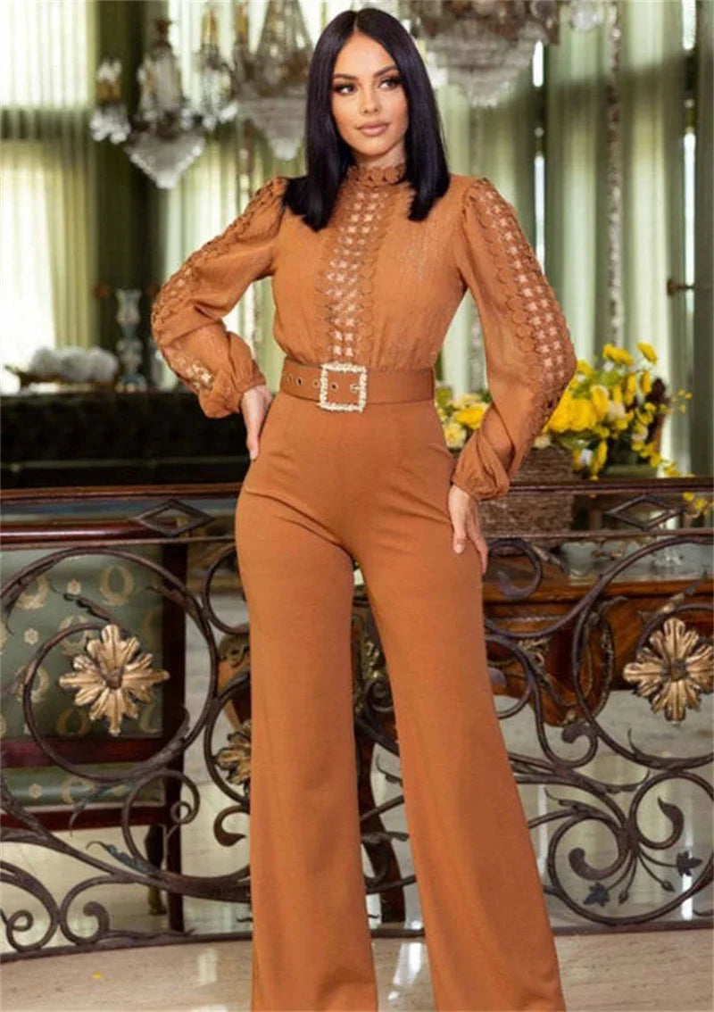 Romper Jumpsuit Long Sleeve High Waist One Pieces with Belt