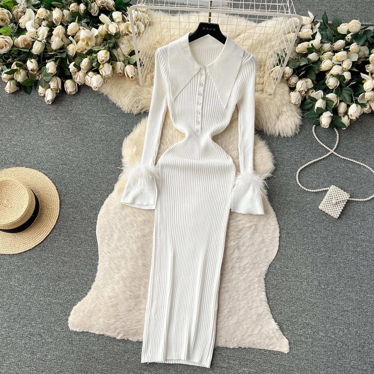 Fur Long Sleeve Knitted Dress