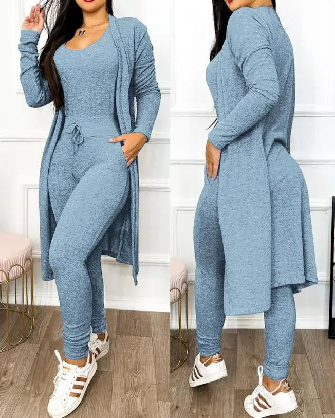 Drawstring Pocket Design Jumpsuit & Long Sleeve Coat Set