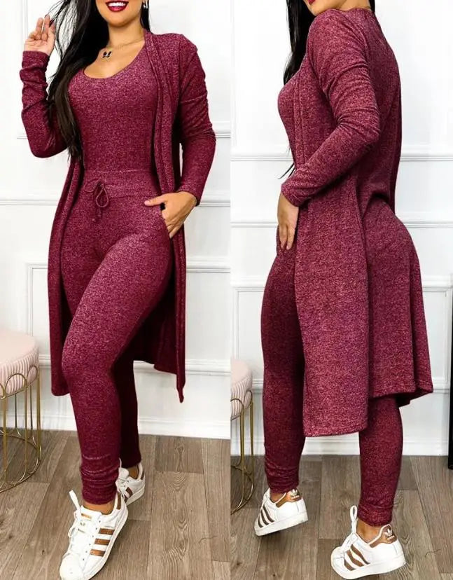 Drawstring Pocket Design Jumpsuit & Long Sleeve Coat Set