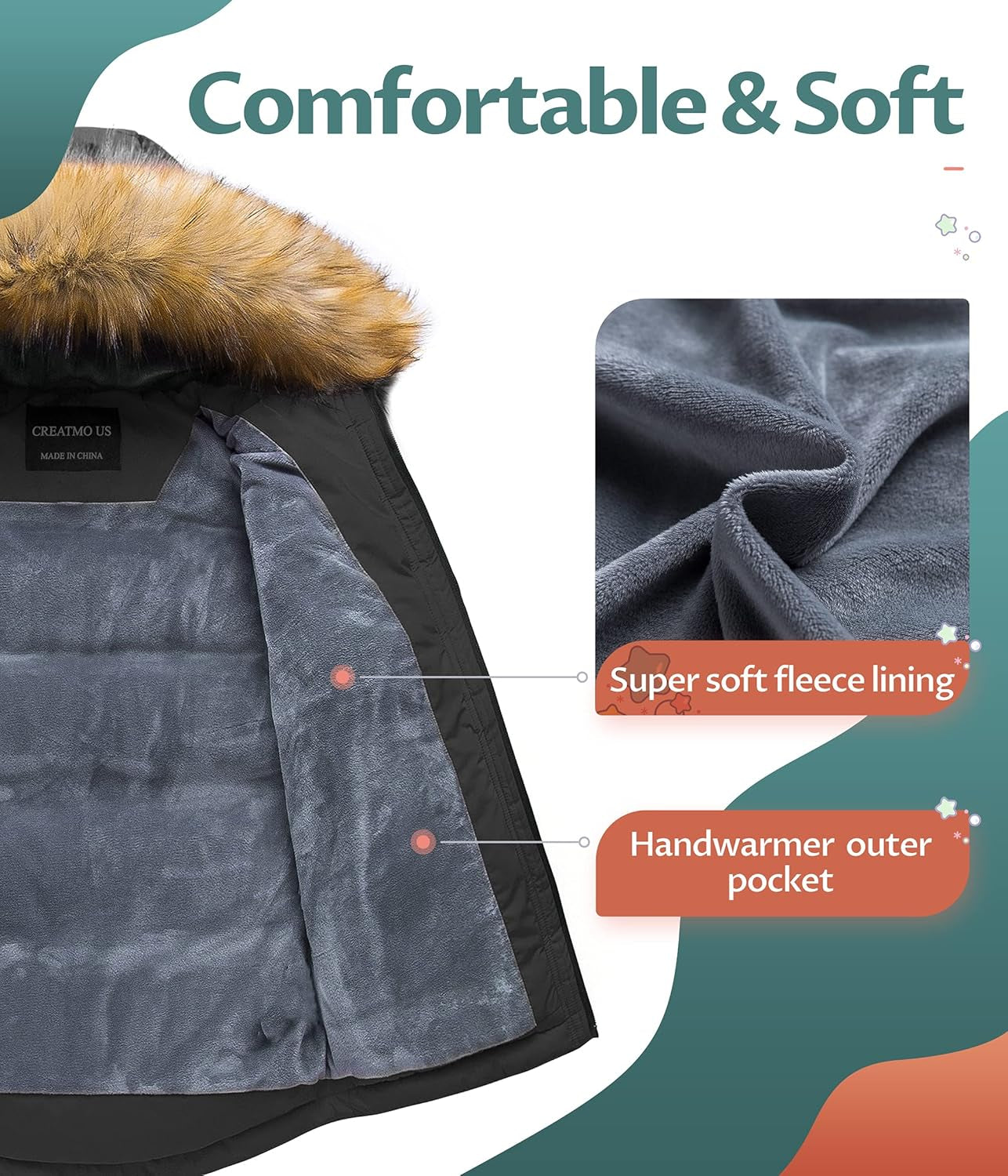 Winter Parka Water Resistant Hooded Puffer Fleece Lined Jackets Coats