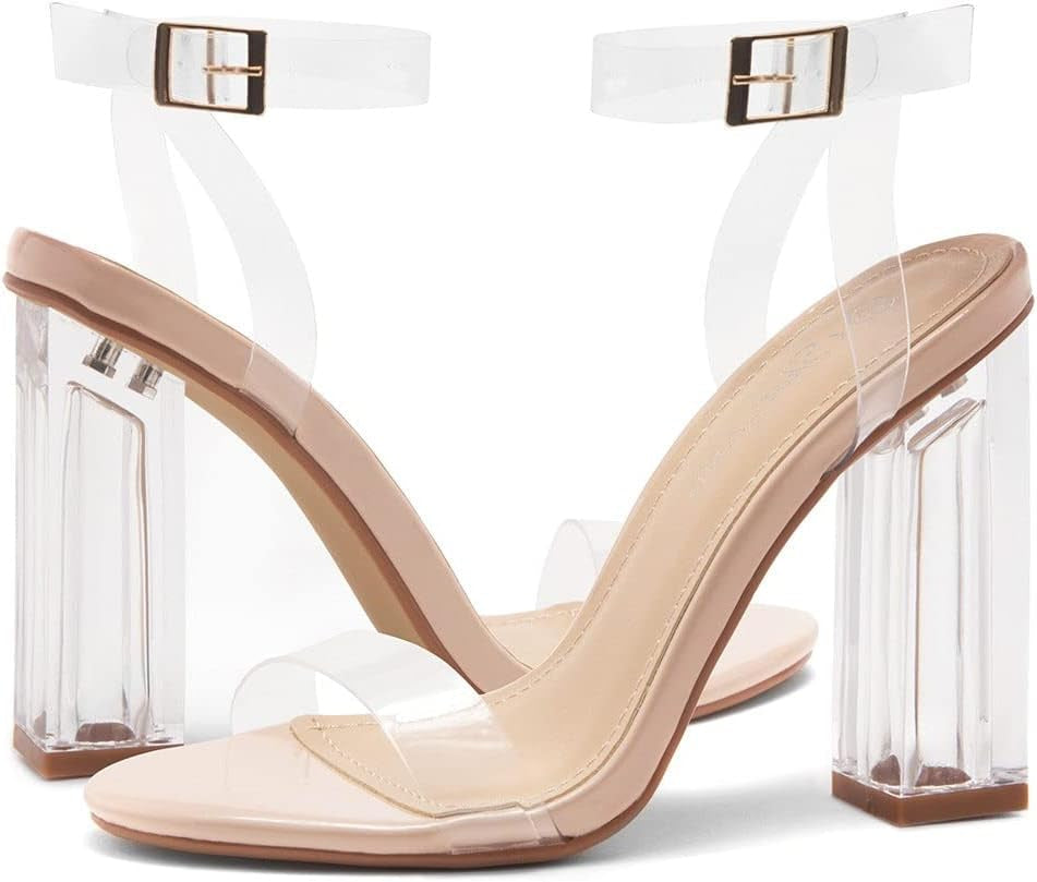 Clear Heels Open Toe Ankle Strap Chunky Block Heeled Heels Sandal Shoes
