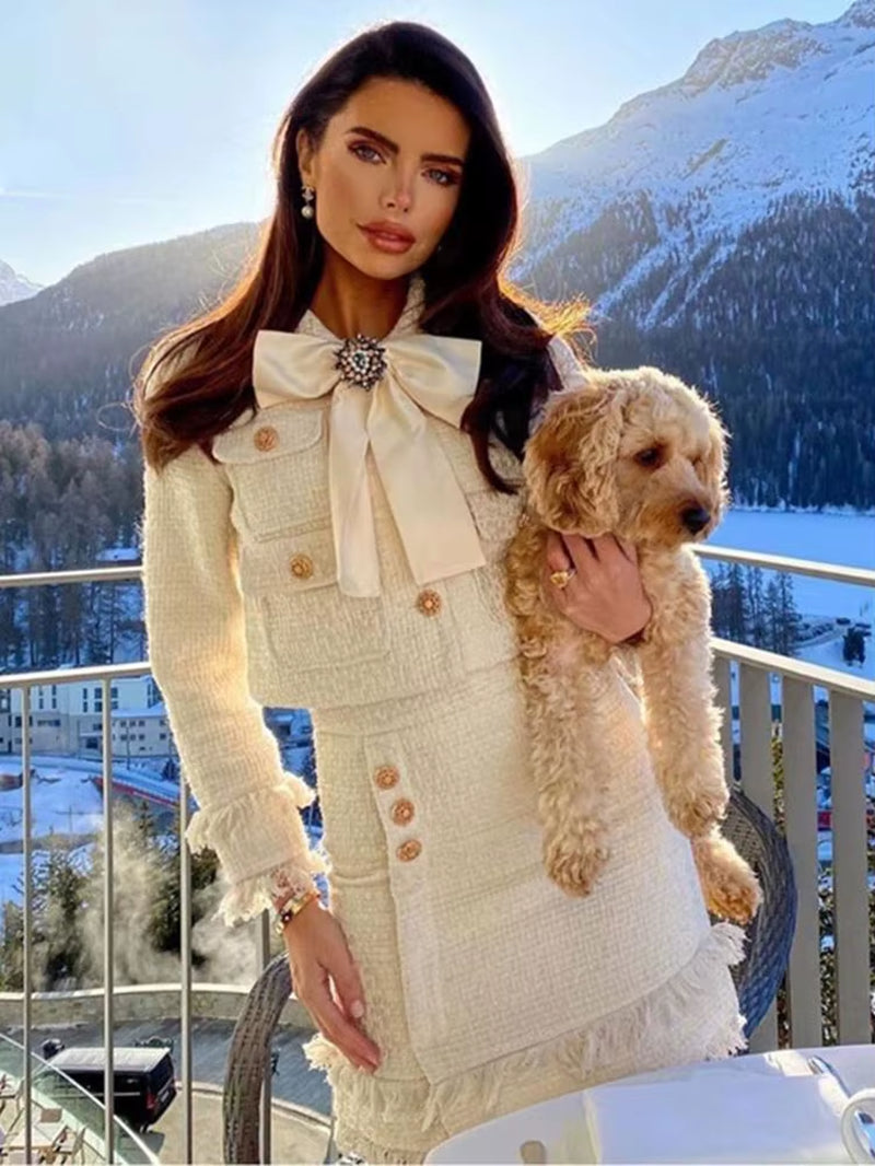 Cute Tweed Fringed 2 Two-Piece Set Sexy Long Sleeve Button Jacket + Skirt Set Suit