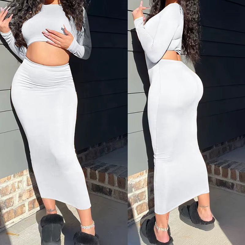 Matching Sets Long Sleeve Crop Tops and Mid Calf Skirt Suit Fashion 2 piece Set  Suits Cute Matching 
