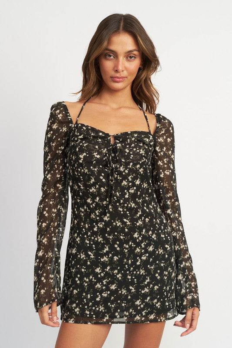 FLORAL LONG SLEEVE DRESS with HALTER DETAIL