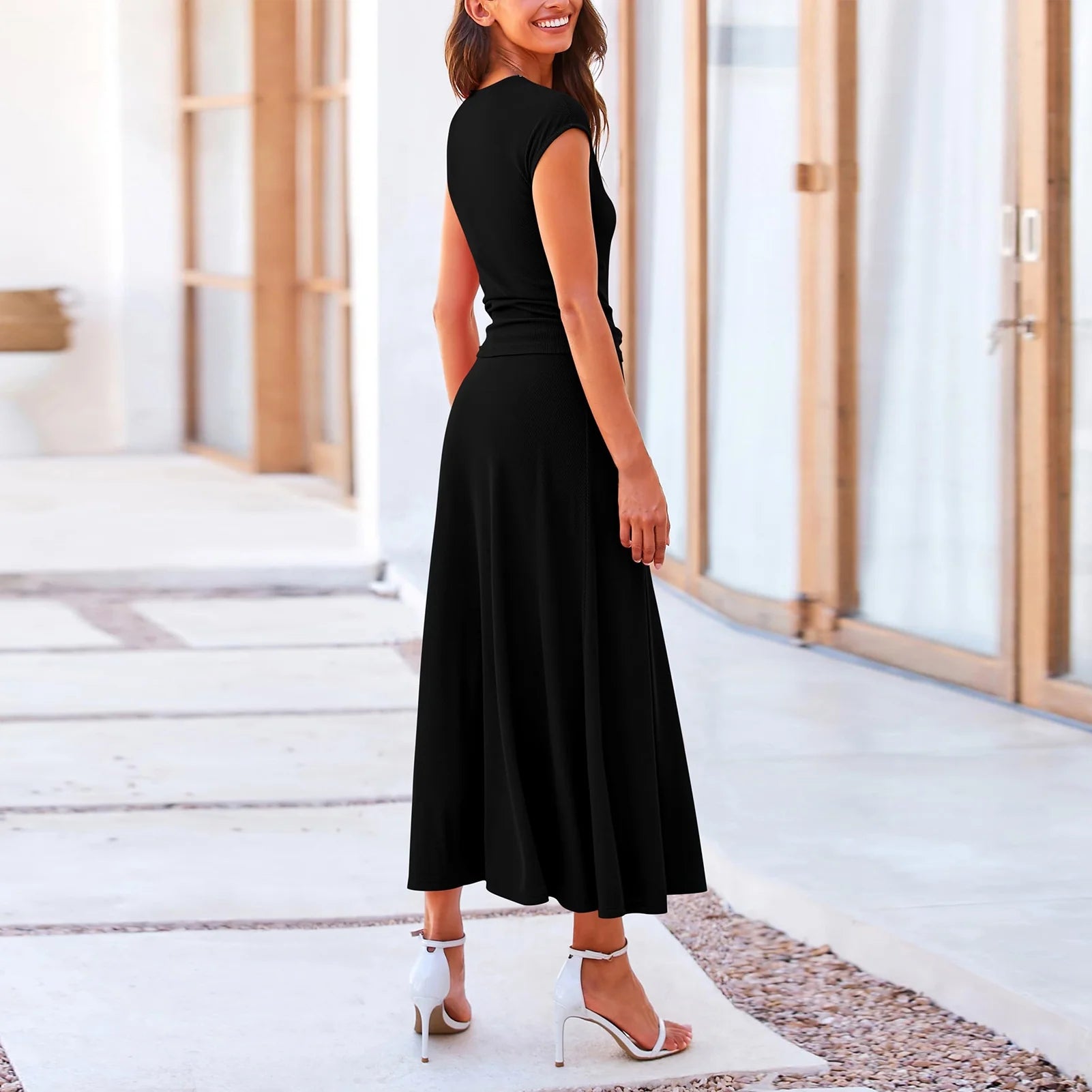 Women 2 Piece Outfit Sets Cap Sleeve Solid Black Crop Top Tshirt Ribbed Knit High Waist Flowy Skirt Size XL