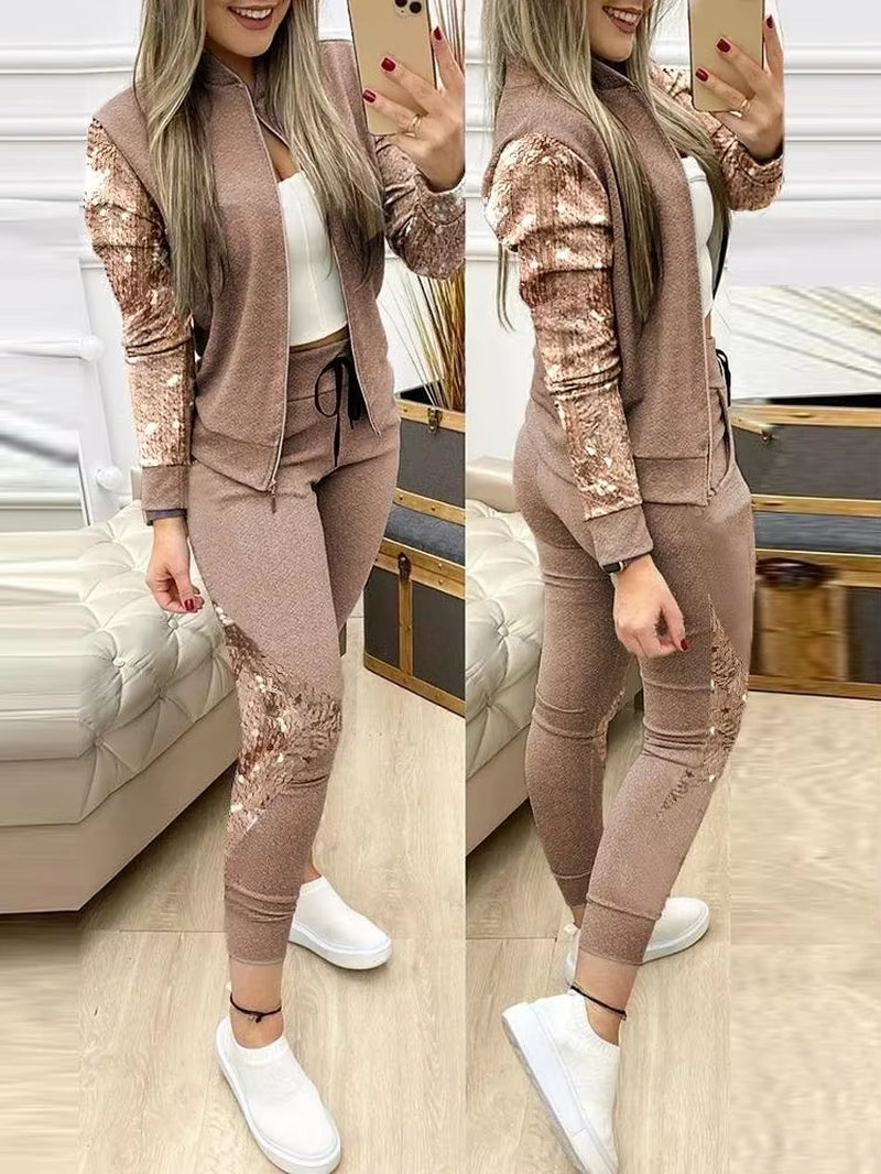 2 Two Piece Set Zipper Top and Pants Set Matching Set Tracksuit 