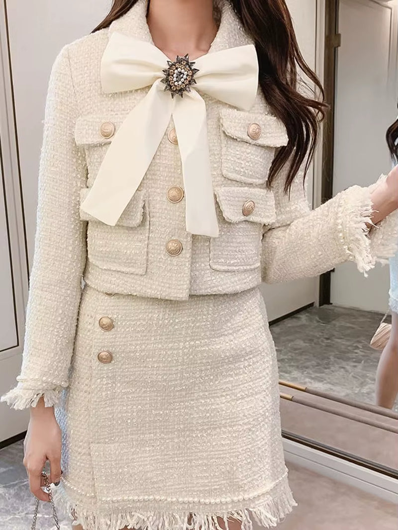 Cute Tweed Fringed 2 Two-Piece Set Sexy Long Sleeve Button Jacket + Skirt Set Suit