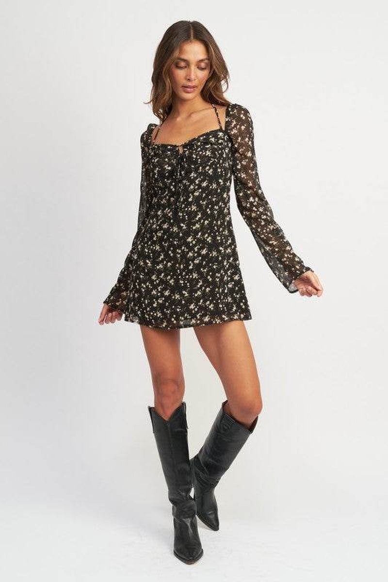 FLORAL LONG SLEEVE DRESS with HALTER DETAIL