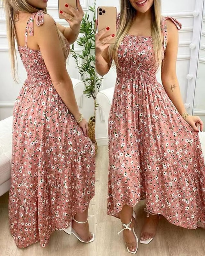 Summer Sexy Spaghetti Strap Floral Print Maxi Dress for Women Casual Elegant Chest Wrap Long Woman Beach Dress Holiday