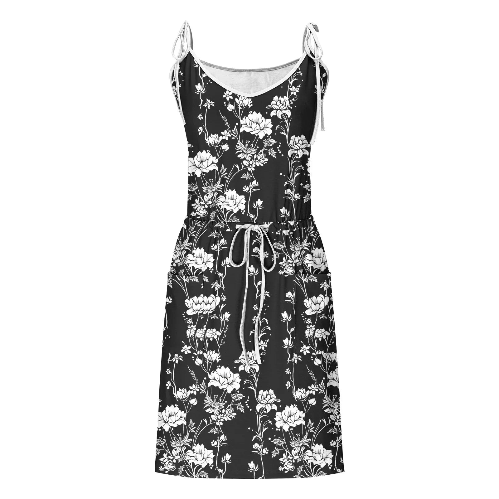 Up to 60% off Gifts Usmixi Womens Summer Mini Sundress Vacation Floral Print Drawstring Pocket Short Dress V Neck Sleeveless Spaghetti Strap Dresses for Beach Black XL