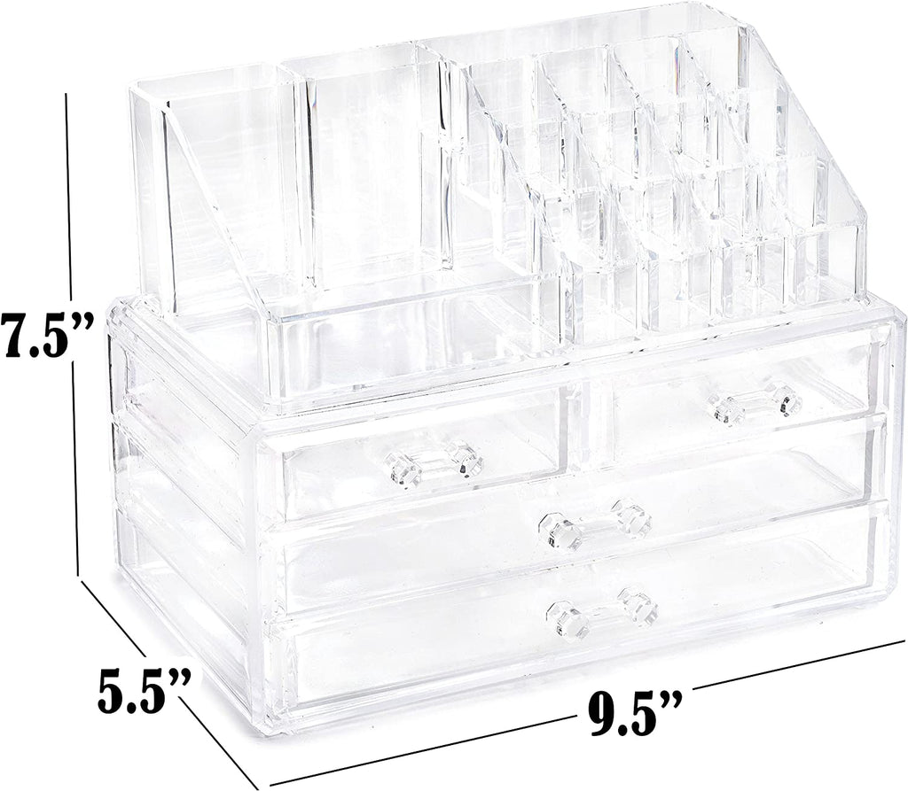 Clear Makeup Organizer - 16-Compartment Cosmetic and Jewelry Holder with 4 Drawers - Vanity Storage Box for Makeup, Skincare, Accessories, and Jewelry Display