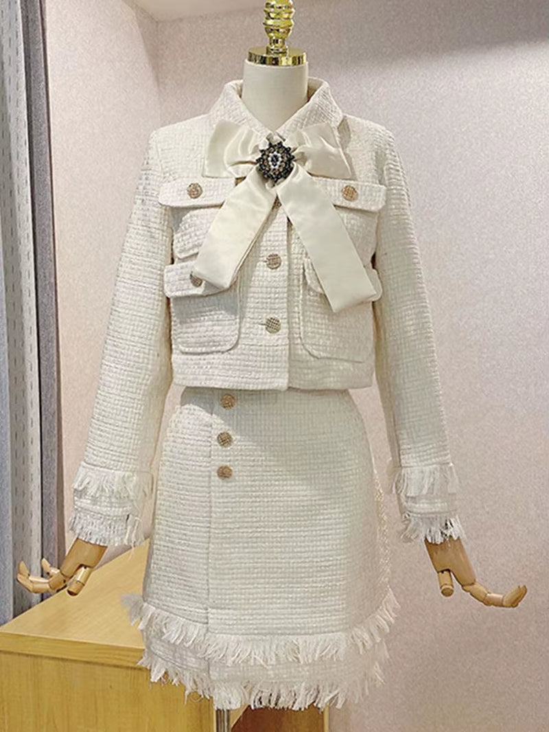 Cute Tweed Fringed 2 Two-Piece Set Sexy Long Sleeve Button Jacket + Skirt Set Suit