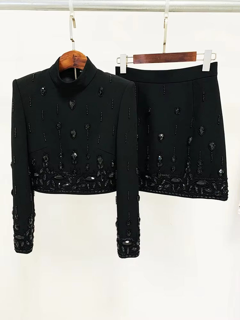 HIGH STREET Newest 2025 S/S Designer Runway Suit Set Women'S Stand Collar Zip Back Cropped Tops Mini Skirt Set 2Pcs