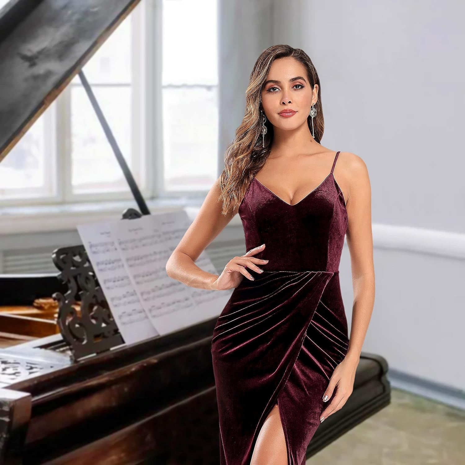 Women'S Sexy Ruched Cocktail Party Dress Velvet Bodycon Cami Evening Prom Dress