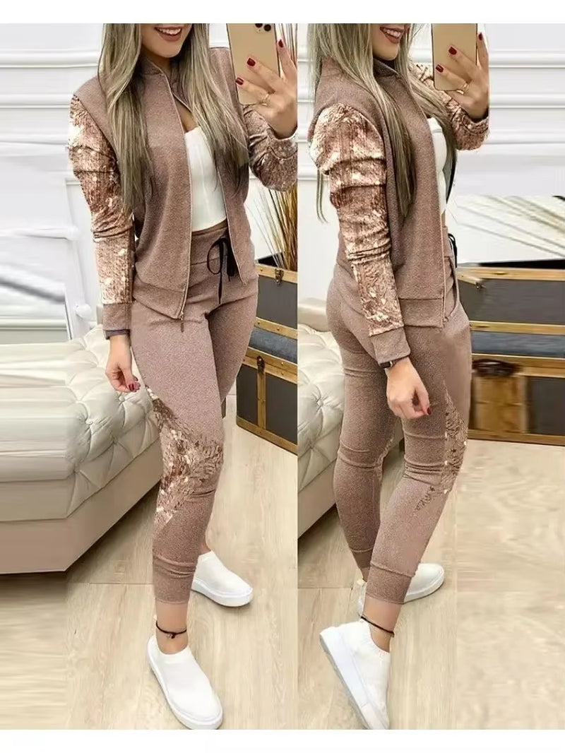 2 Two Piece Set Zipper Top and Pants Set Matching Set Tracksuit 